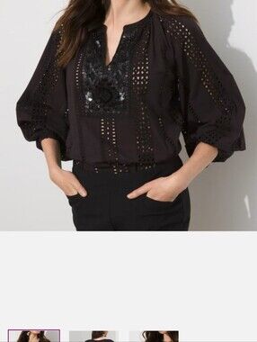 Chicos Black Eylet Top With Sequin And Bead Trim